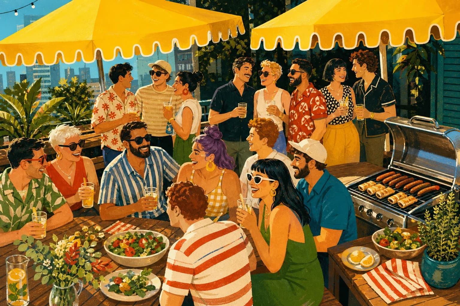 A retro illustration of friends sharing a sunny BBQ beneath yellow umbrellas on The Deck.