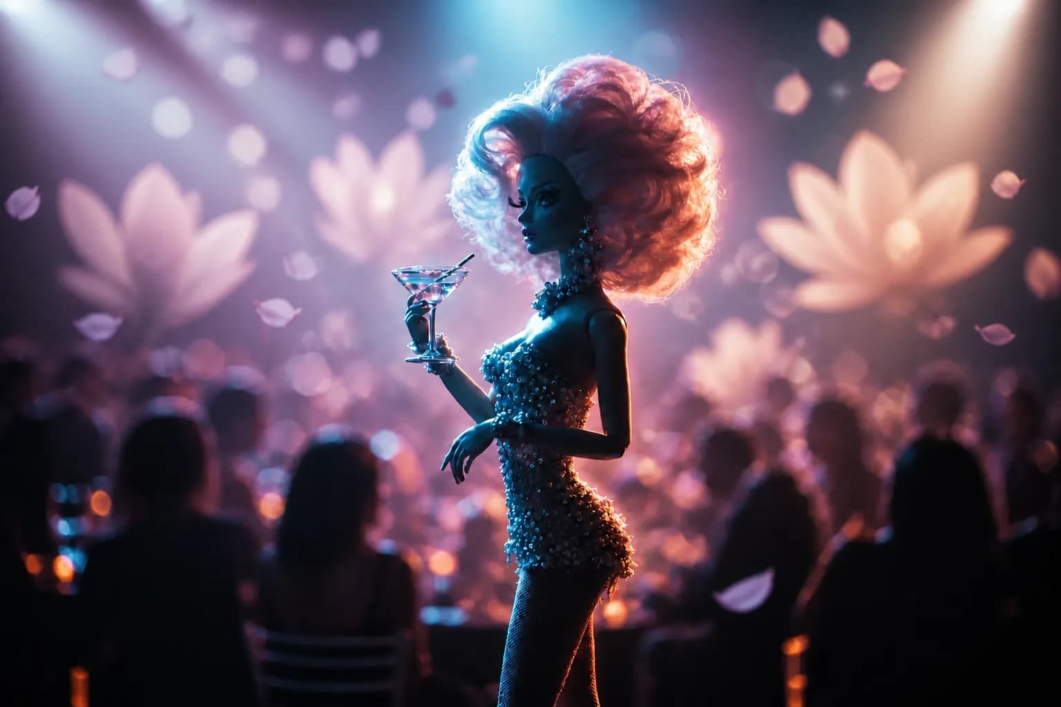 A drag performer holding a martini beneath dramatic blue and amber stage lights.