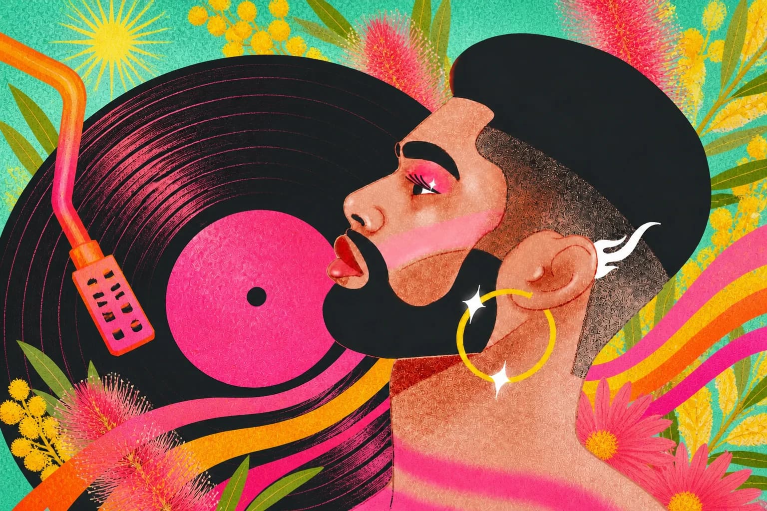 An illustrated queen beside a vinyl record and microphone on a vivid pink background.