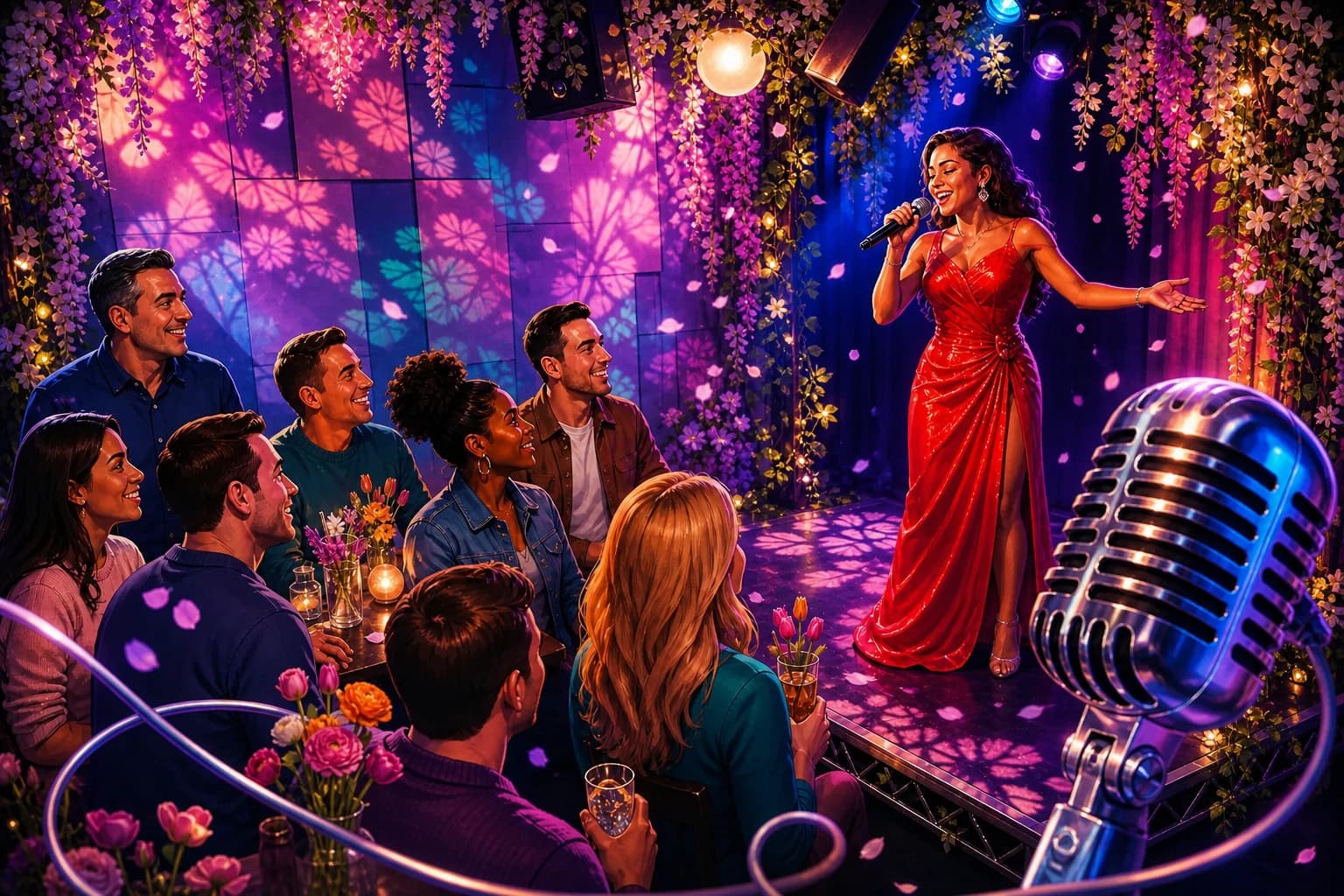 An illustrated singer in a red gown performing on a spring-dressed neon stage for a lively karaoke crowd.