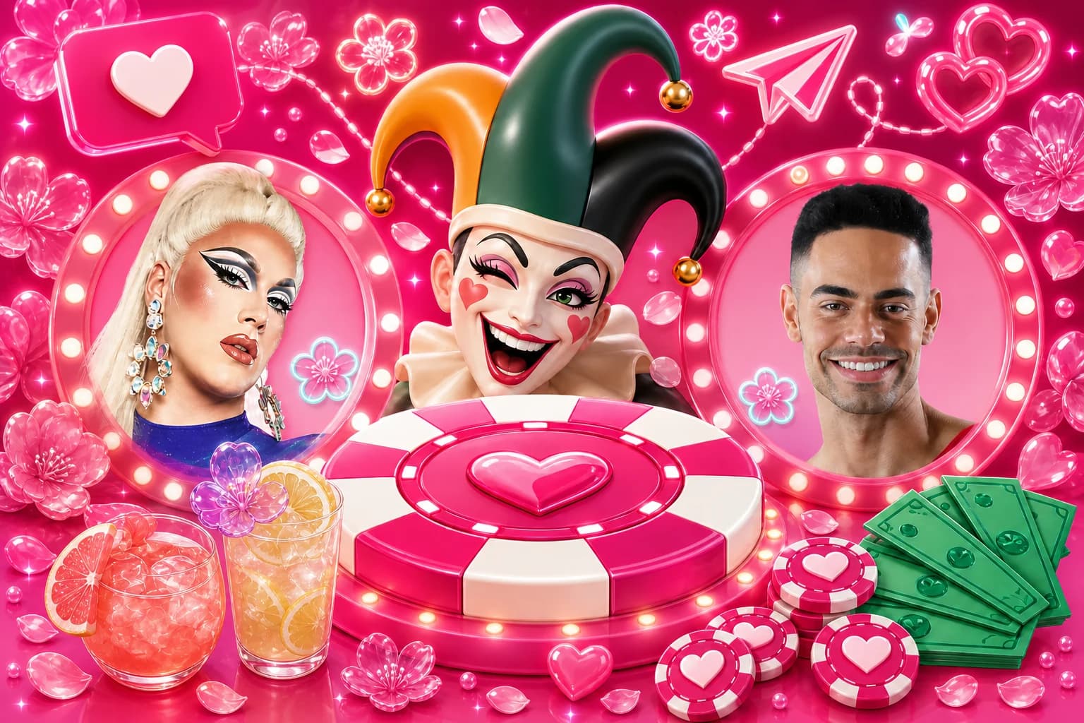 A bright pink social-night collage with guests, prize chips and playful hearts.