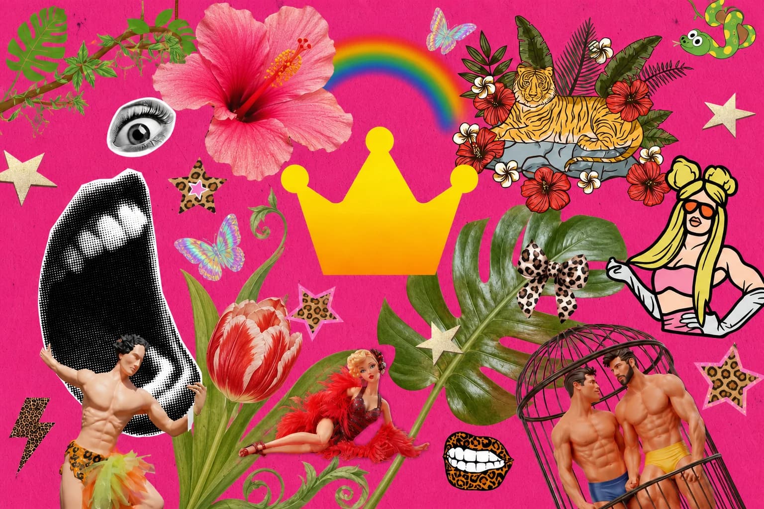 A colourful Queer Kingdom collage with a crown, rainbow and party performers.