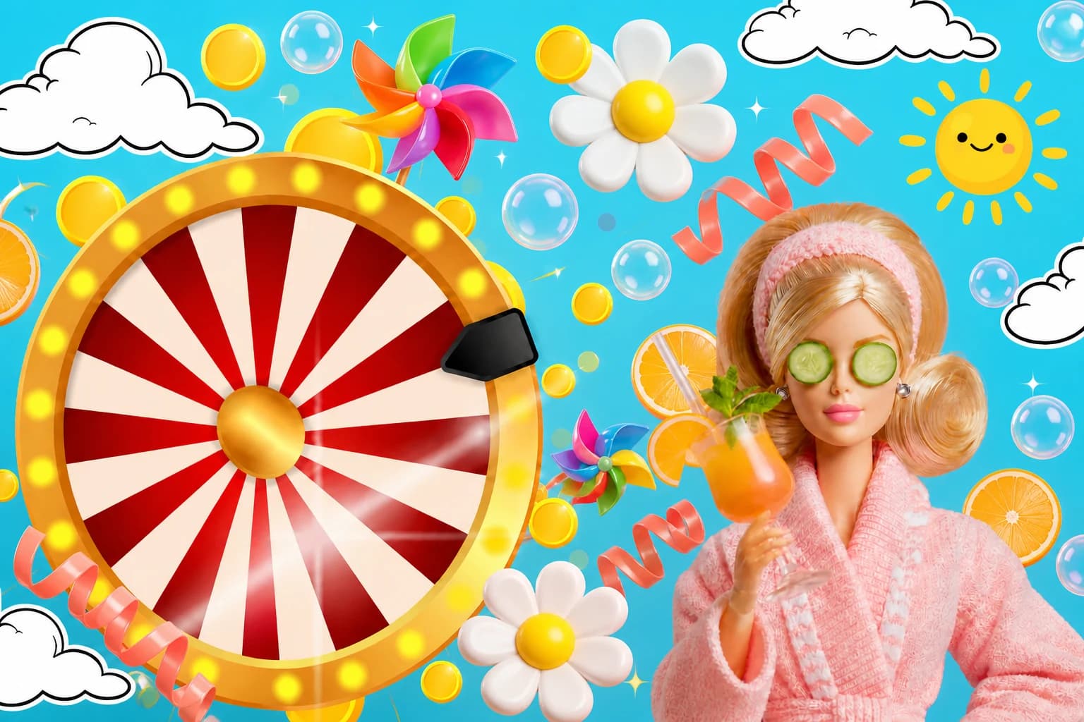 A colourful prize wheel, gold coins and a guest holding a cocktail.