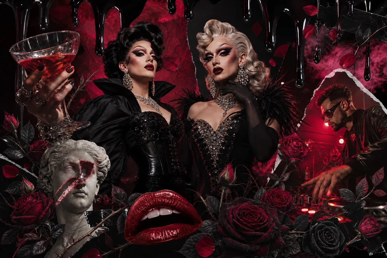 A maximalist red-and-black spring collage of glamorous drag performers, a cocktail and a DJ, framed by glossy drips, thorny roses and nightclub ephemera.