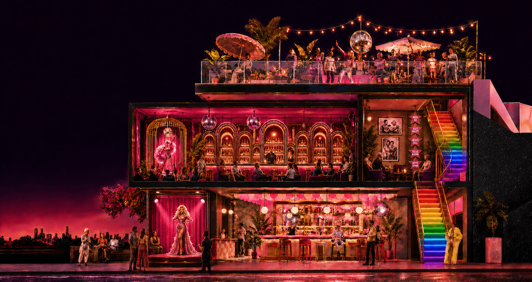 Camp illustrated cutaway of Stonewall Newtown filled with pink neon, disco balls and dancing
